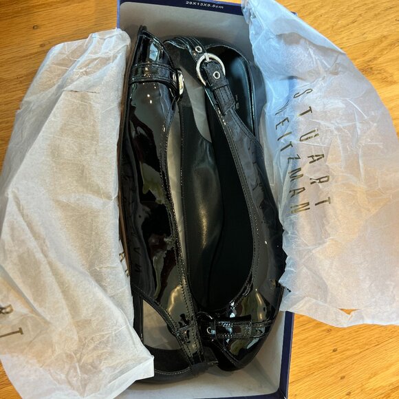 Stuart Weitzman 'Chitchat' Peep Toe Black Patent Leather Ballet Flats ~Size 11~ - Picture 6 of 10